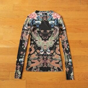 Nasty Gal Mesh Top Womens XS Black Dragon Floral Graphic Sheer Edgy Long Sleeve